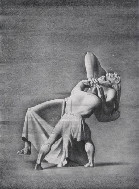 Rockwell Kent lithograph: Rockwell Kent- ''Beowulf & Grendel's Mother'' (Burne Jones 74)- lithograph, 1931, signed in pencil, edition of 150, minor foxing in margins, old tape hinges recto otherwise good condition. 13 1/2 x 10