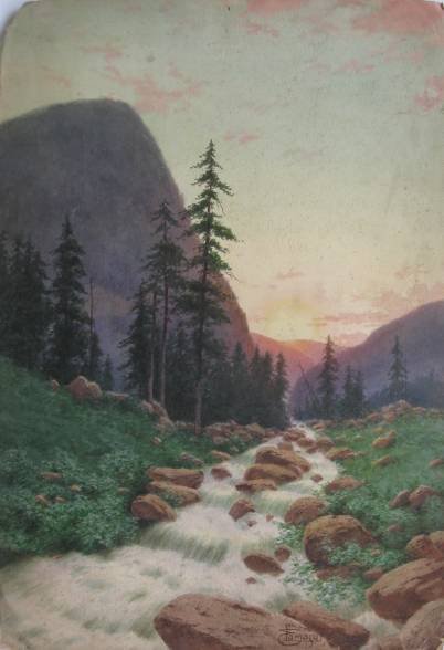 Edwin Lamasure watercolor: Edwin Lamasure- Mountainous Landscape with Stream- watercolor on paper mounted to cardboard, signed E. Lamasure, edges rough, tip of upper left corner missing, minor soiling throughout. 26 x 17 3/4''