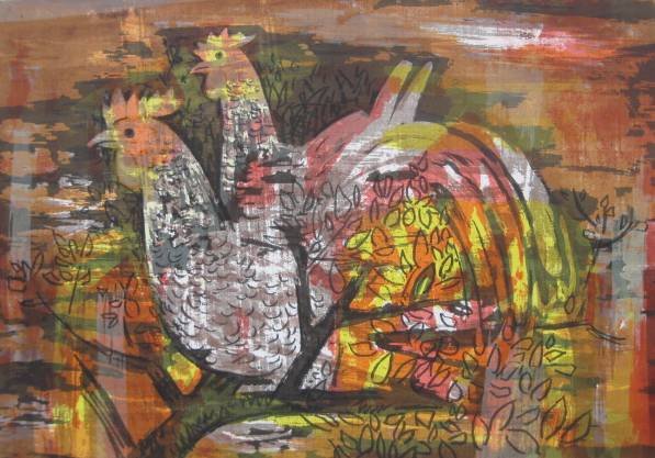 Guy MacCoy 2 silkscreens: Guy MacCoy- ''Quail #1''; ''Chickens in Trees''- 2 silkscreens in colors, both signed and titled in pencil, masking tape verso. 38 3/4 x 9''; 17 x 24''