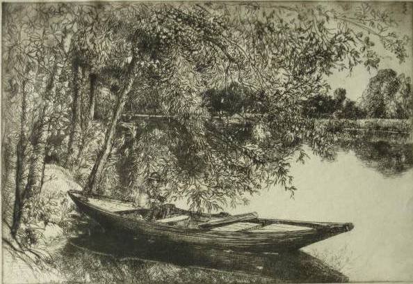 Donald Shaw MacLaughlan etching and drypoint: Donald Shaw MacLaughlan- ''River Song No. 8'' (Bruette 232 II/II)- etching and drypoint, 1918, signed in pencil, slight mat burn, otherwise good condition. 8 3/4 x 12 3/4''