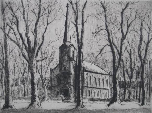 Grant Reynard etching: Grant Reynard- Baldwin-Wallace College Chapel- etching, signed in pencil, very good condition. 8 1/2 x 10 3/4''