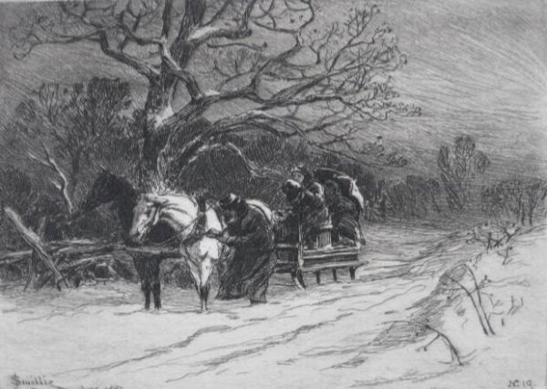 James David Smillie etching: James David Smillie- ''The Snow Storm'' (Witthoft 22)- etching, 1881. 3 7/8 x 5 1/2''