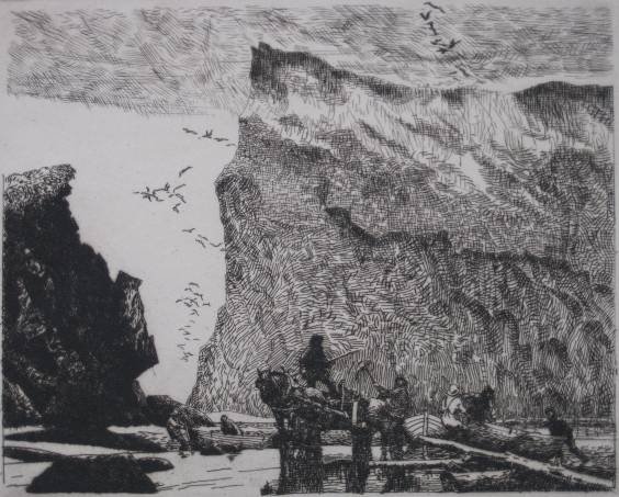 Frank Wilcox etching: Frank Wilcox- ''Fishermen of Perce''- etching, 1928, signed in pencil, edition of 250, done for the Print Club of Cleveland, very slightly light struck, very good condition. 8 x 9 7/8''