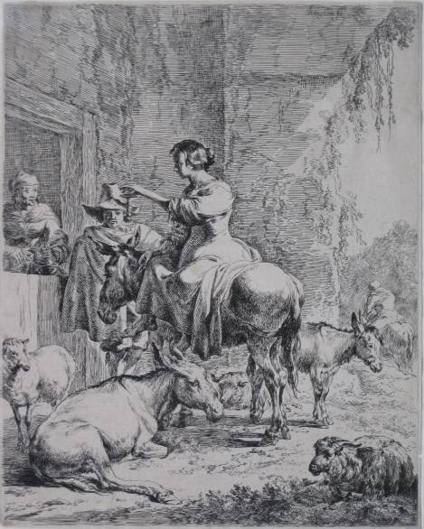 Nicolas Berchem etching: Nicolas Berchem- ''The Halt At The Inn'' (Holstein ii/II)- etching on water marked paper, water mark- foolscap, tear in sheet at right edge. 10 3/8 x 8 1/4''