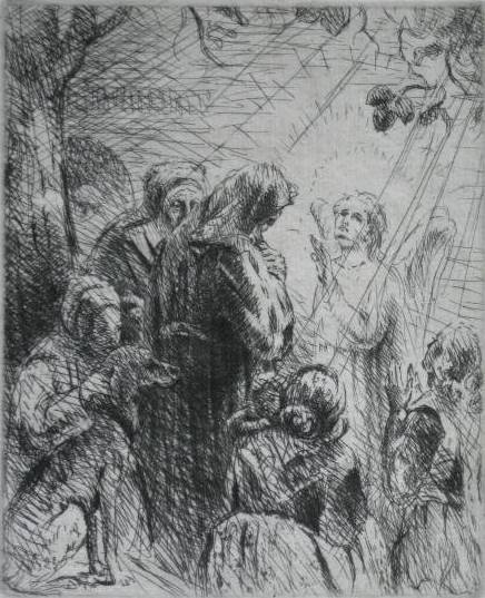 Adolphe Beaufrere etching: Adolphe Beaufrere- ''L'Ange Raphael Et Tobie'' (IFF 163)- etching, 1922, signed and numbered 14/40 in pencil, minor soiling along bottom edge, otherwise good condition. 7 11/16 x 6 1/4''