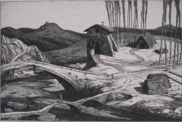 Edward Bouvier-Hoyton etching: Edward Bouvier-Hoyton- ''St. Hubert's Chapel''- etching, signed in pencil, slightly light struck otherwise very good condition. 7 3/8 x 11 1/8''