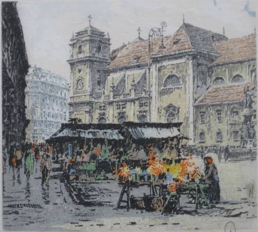 Hans Figura etching and aquatint: Hans Figura- ''Vienna-Freyung''- etching and aquatint in colors on silk, signed in pencil, very good condition. 5 7/8 x 6 3/8''