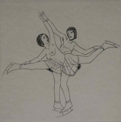 Eric Gill engraving: Eric Gill- ''The Skaters'' (Skelton P368 II/II)- engraving, 1926, initialed in pencil, mat burn, otherwise good condition. 4 1/4 x 4 1/4''