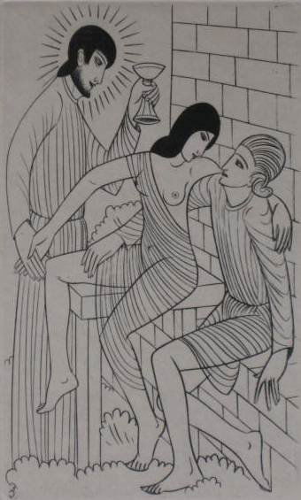 Eric Gill engraving: Eric Gill- ''Adam and Eve in Heaven'' or ''The Public House in Paradise'' (Skelton P480)- engraving, 1927, from the series ''Art & Love'', initialed in pencil, mat burn, otherwise good condition. 4 3/