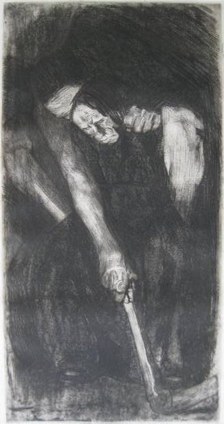 Kathe Kollwitz etching and soft-ground: Kathe Kollwitz- ''Inspiration'' (Klipstein 91 IXb)- etching and soft-ground, 1905, bearing the Von der Becke blindstamp, very good condition. 22 1/2 x 11 5/8''