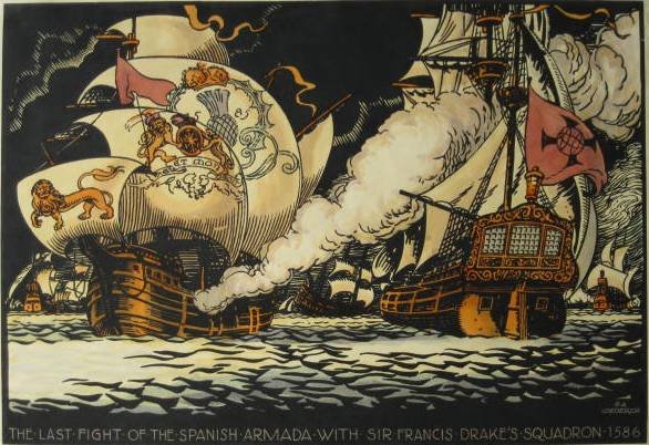 Richard A. Loederer 3 prints: Richard A. Loederer- ''The Last Flight of The Spanish Armada with Sir Francis Drake's Squadron 1586''; ''Fernao de Magulhaes Passing The Straits 1520''; ''The Windmill''- 2 linocuts and 1 woodcut, all
