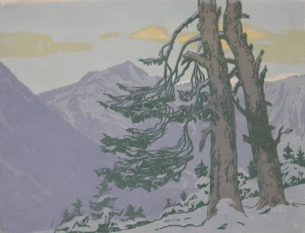 Hans Neumann woodcut: Hans Neumann- Alpine Trees- woodcut in colors, 1910, signed in pencil, mat burn, otherwise good conditionn. 9 1/4 x 12 1/8''