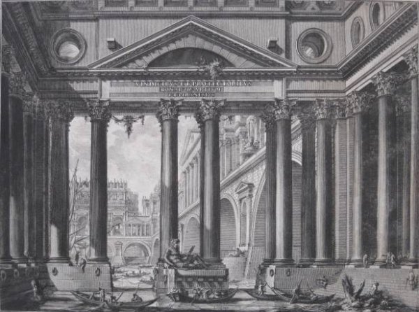 Giovanni Battista Piranesi etching: Giovanni Battista Piranesi- ''Frontispiece to Vol.IV: A Monumental Roman Harbor'' (Wilton-Ely 471)- etching on watermarked paper with Double Circle Flem de Lis, 1756, from the series ''Le Antichita Re