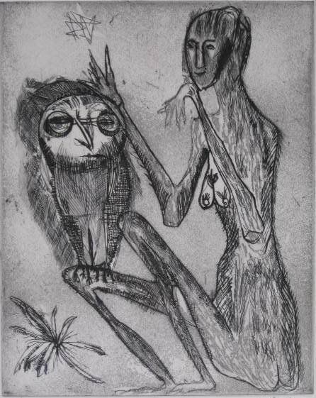 Germaine Richier etching and aquatint: Germaine Richier- ''Nude and Owl''- etching and aquatint, signed and numbered 81/100 in pencil, good condition. 9 3/4 x 7 3/4''