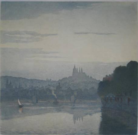 Tavik F. Simon soft-ground and aquatint: Tavik F. Simon- ''Silhouette of The Hradcan in the Evening'' (Novak 406)- soft-ground and aquatint in colors, 1924, signed in pencil, and stamped, edition of 250, soiling in margins and small tears al
