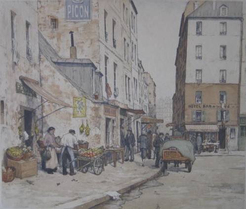 Tavik F. Simon soft-ground and aquatint: Tavik F. Simon- ''Fruit Stand in Paris'' (Novak 482)- soft-ground and aquatint in colors, 1928, signed and numbered 66 in pencil, edition of 350, slight mat burn, otherwise very good condition. 12 3/8