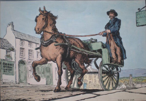 Jack B. Yeats lithograph: Jack B. Yeats- ''The Post Car''- lithograph with hand-coloring, minor soiling in margins, otherwise very good condition. 10 3/4 x 14 5/8''
