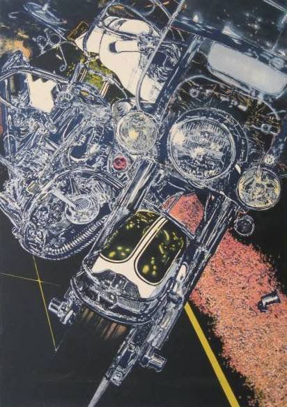 Tom Blackwell lithograph: Tom Blackwell- ''56 Harley''- lithograph in colors, 1972, signed and numbered 48/150 in pencil, slightly light struck, illustrated in ''Photo-Realist Printmaking'' by Susan P. Meisel. 34 x 24''