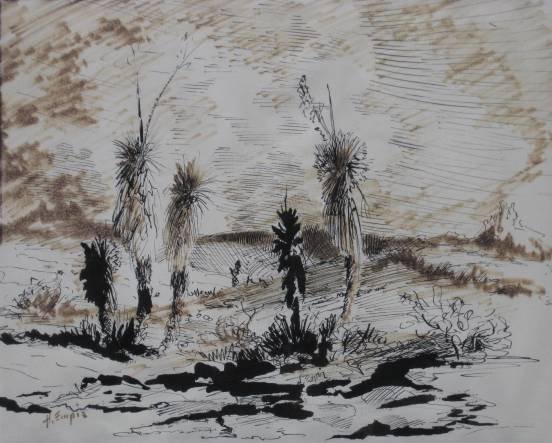 Hal H. Empie 2 pen & ink drawings: Hal H. Empie- Deserted House; Desert Scene- 2 pen and ink on paper, signed and dated in pencil, light struck, paper abrasion in bottom and right margins, old staple mark near top edge, otherwise good 