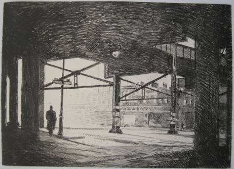 duncan Hannah lithograph: Duncan Hannah- ''Under the El''- lithograph, 1991, signed, dated and numbred 6/8 in pencil, small tear right edge and minor handling creases otherwise good condition. 29 1/2 x 41 1/4''