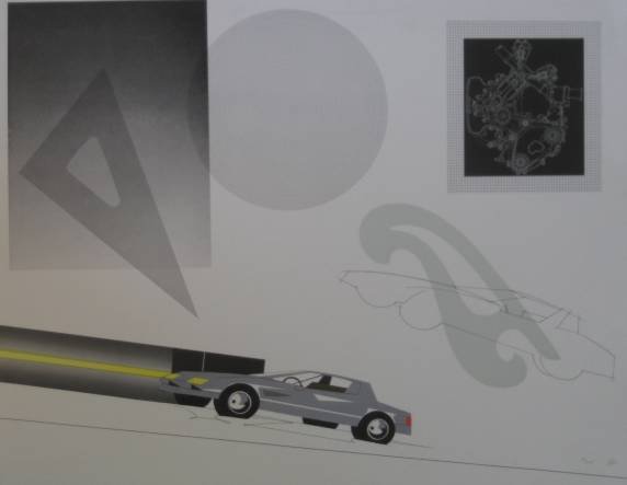 Raymond Loewy silkscreen: Raymond Loewy- ''Car with French Curve''- silkscreen in colors, stamped signature and numbered 14/300 in pencil, publisher's blindstamp, very good condition. 22 x 28''