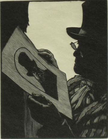 Barry Moser wood engraving: Barry Moser- ''The Print Connoisseur''- wood engraving, 1986, signed and numbered 7/100 in pencil, together with W. H. Dairn- ''Profile''- etching, signed in pencil, both in very good condition. 4 x 3