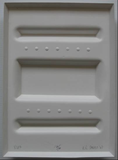 Richard Moses plastic relief: Richard Moses- ''KSFA''- plastic relief print, 1967, signed, dated, titled and numbered 60/120 in pen, minor soiling otherwise good condition. 15 x 10 3/4''