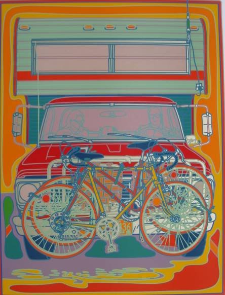 Clayton Pond silkscreen: Clayton Pond- ''Camping American Style''- silkscreen in colors, signed in pencil, very good condition. 34 x 25''