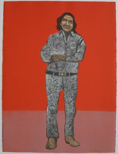 Fritz Scholder lithograph: Fritz Scholder- ''Laughing Artist''- lithograph in colors, 1974, signed and numbered 62/65 in pencil, mminor handling creases otherwise good condition. 30 x 22''