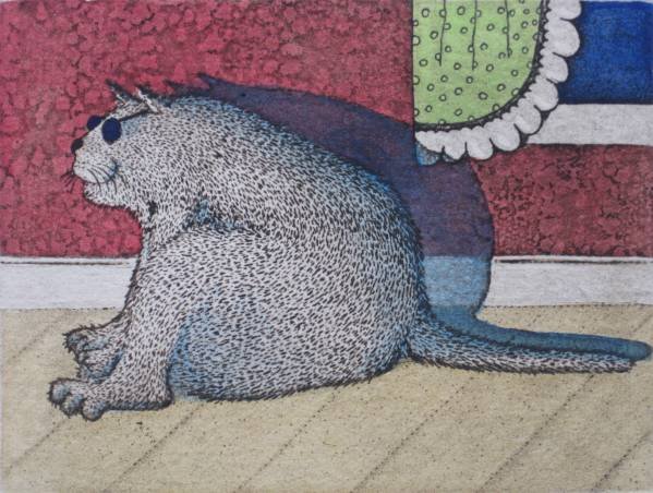 T. P. Speer etching: T. P. Speer- ''Fat Cat''- etching in colors, signed, titled and numbered 60/275 in pencil, very good condition. 3 x 4''