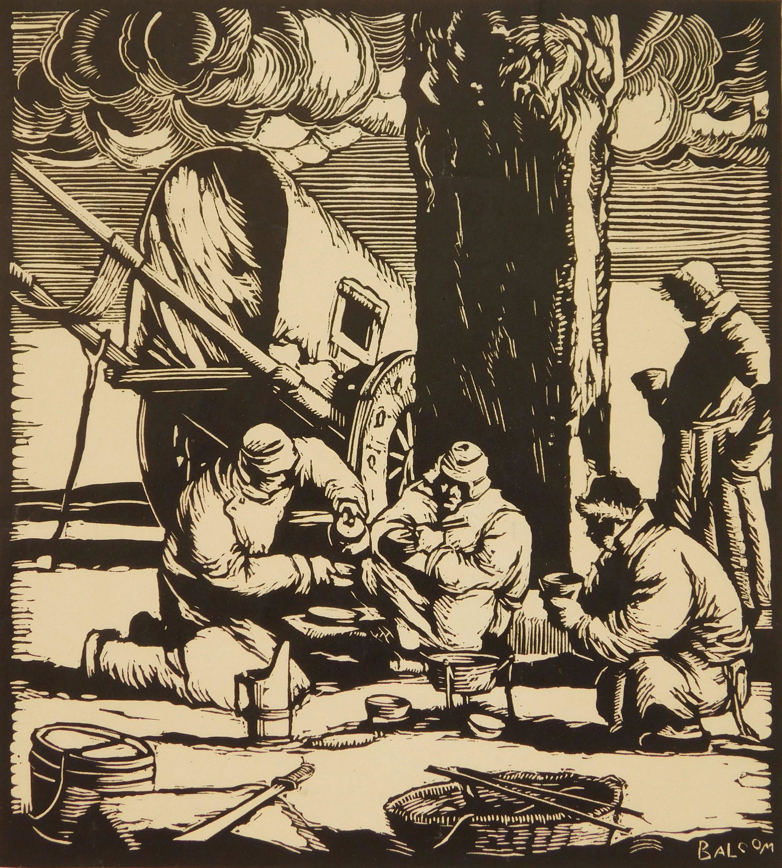 Lowell L. Balcom woodblock: Lowell L. Balcom (1887-1938) Mongolian Cargo Haulers- woodblock, 1927, signed and dated in pencil. 10 x 9''