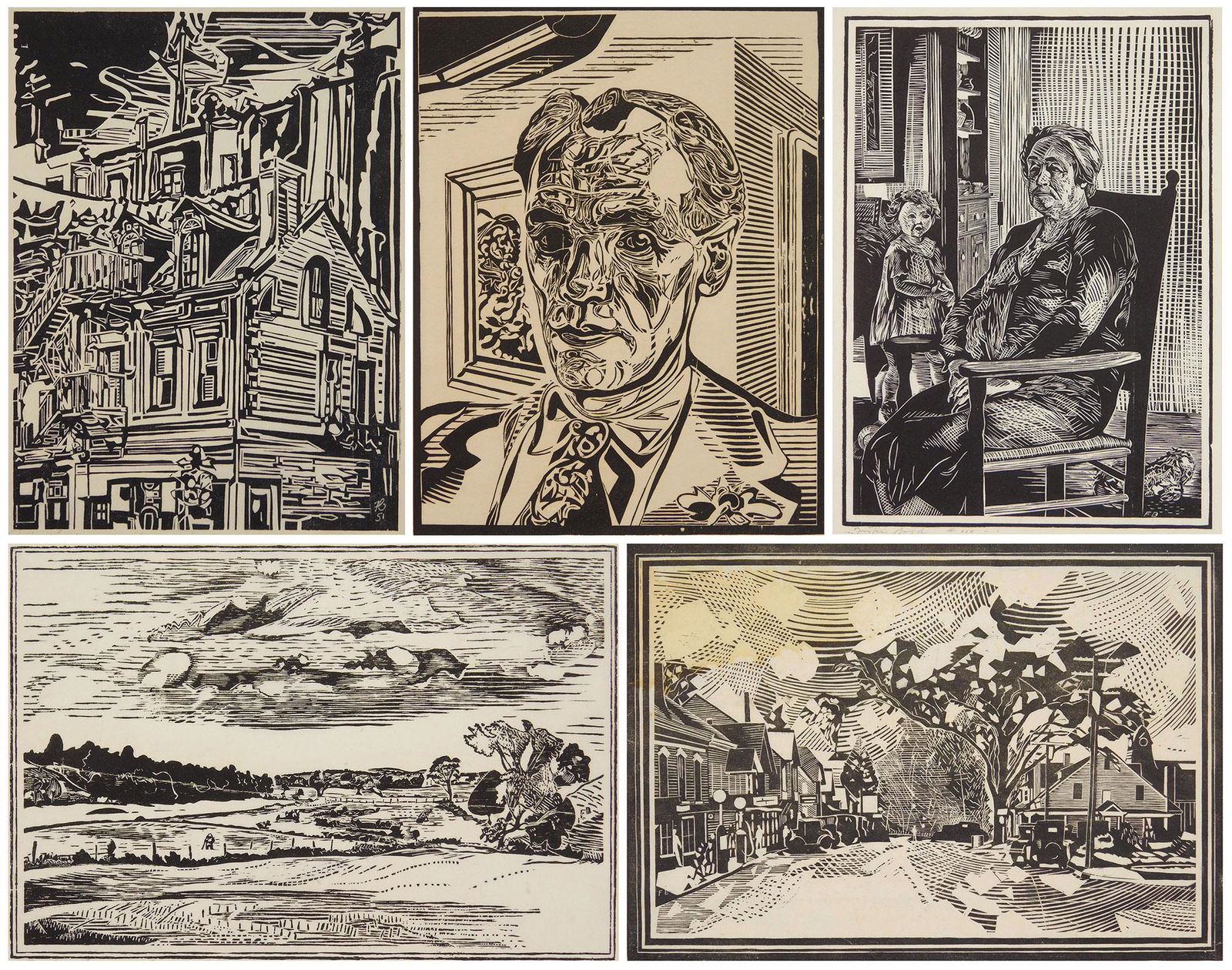 5 Fiske Boyd woodcuts: Fiske Boyd (1895-1975) 1.) ''Washingtonville''- wood engraving, 1928, signed and numbered 16/50 in pencil. 7 3/4 x 11 3/8'' 2.) ''Hay Meadow''- woodcut, 1935, signed, titled and numbered 28/125 in pen