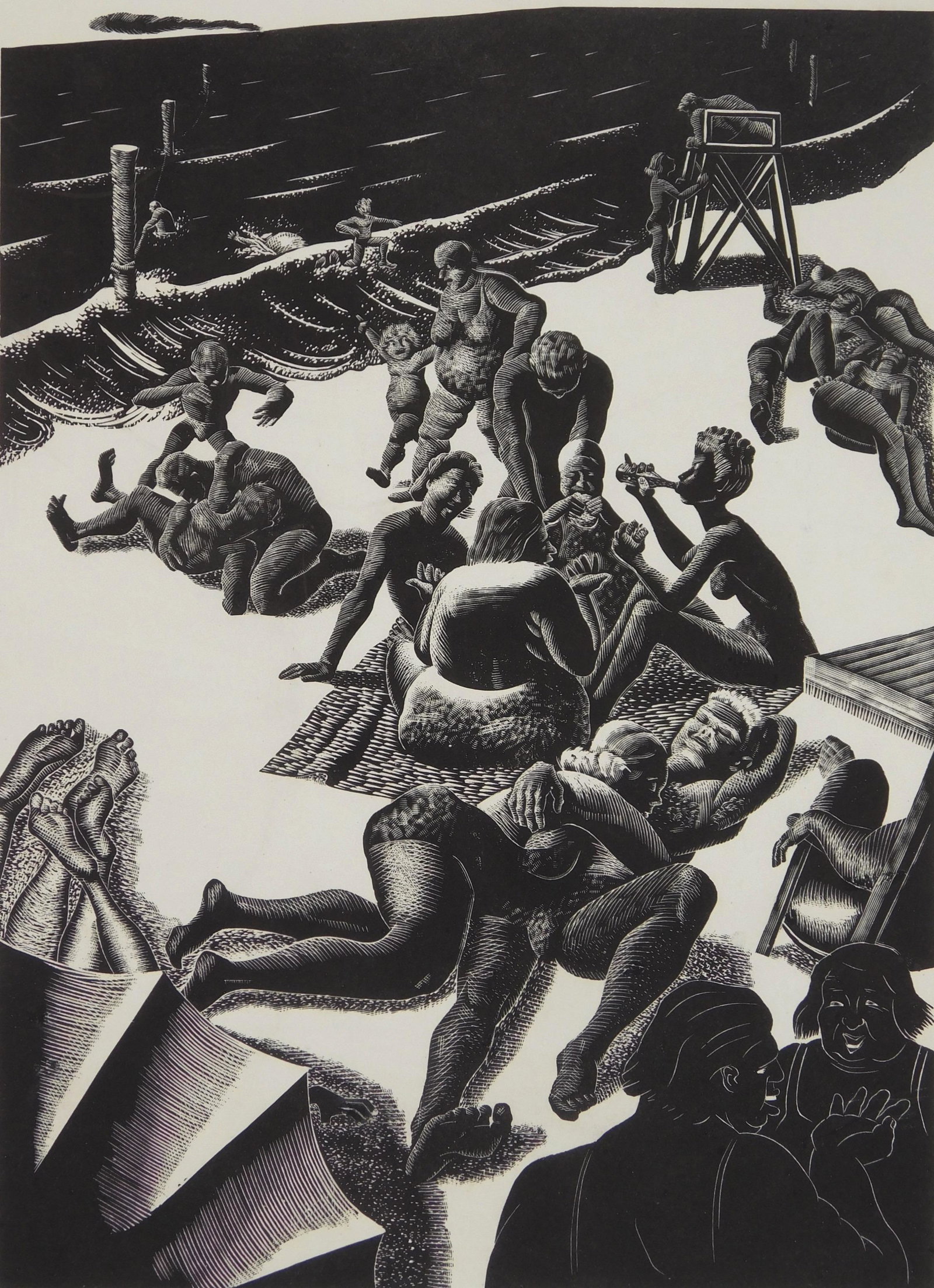 Louis Breslow wood engraving: Louis Breslow (1908-2011) "On the Beach''- wood engraving, 1937-38, signed and titled in pencil, done for the Federal Art Project/ NYC WPA', small tear and puncture in margins professionally repaired.