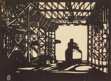 Mark Freeman woodcut: Mark Freeman (1908- ) "Shipyard''- woodcut, 1930, signed, dated, titled and annotated 'A/P' 4 1/2 x 6 1/4''