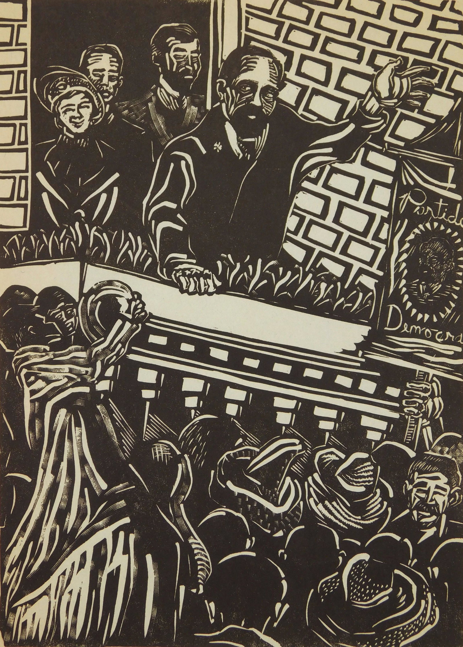 Jules Heller linocut: Jules Heller (1919- ) "Francisco I Madero Candidato Popular''- linocut printed with brown ink, ca. 1947, signed in pencil, produced at Taller de Grafica Popular. 11 3/8 x 8 1/8''