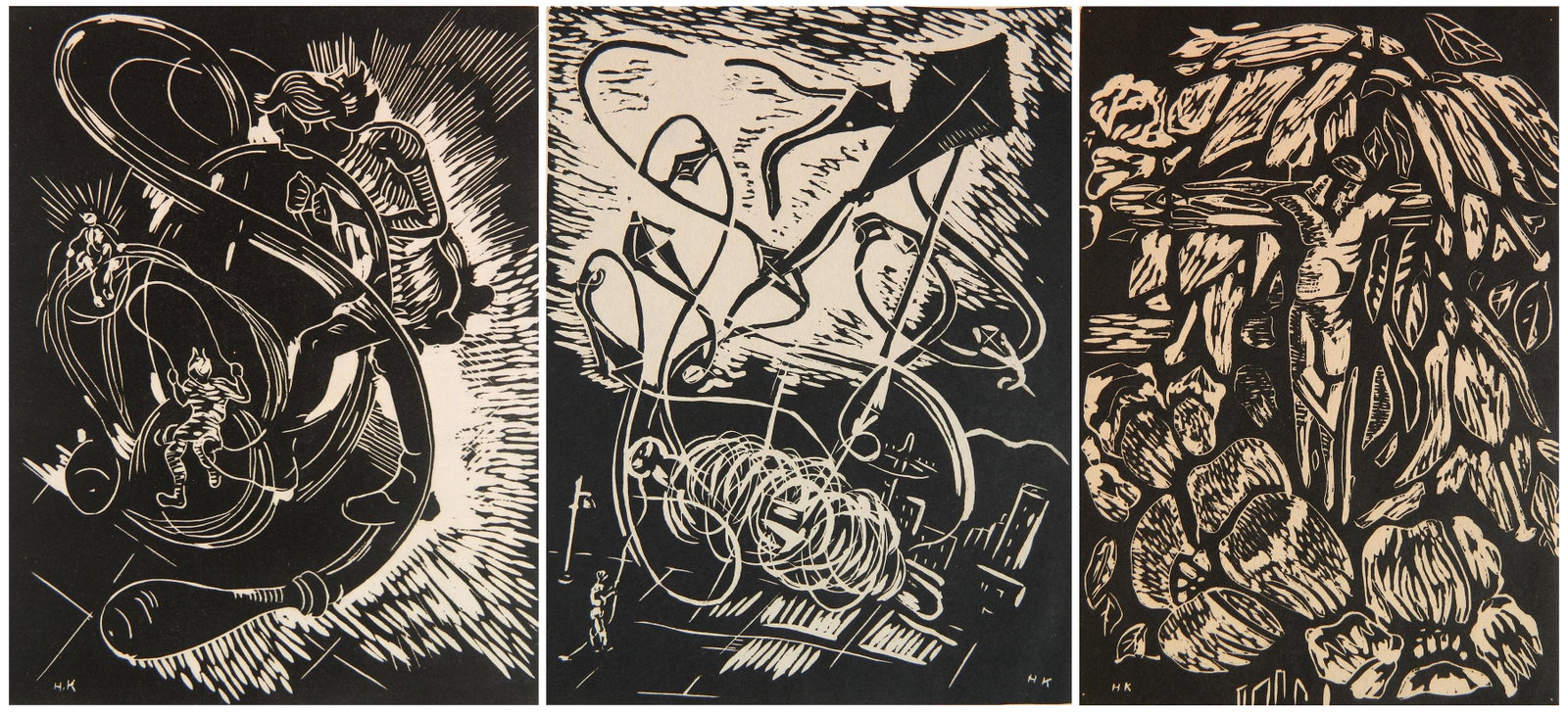 3 Hilda Katz linocuts: Hilda Katz (1909-?) 1.) ''Son of Galilee''- linocut, 1946, signed and titled in pencil, from the 'Bible' series. 10 7/16 x 7 3/16'' 2.) ''Skipping Rope''- linocut, 1947, signed and titled in pencil, f