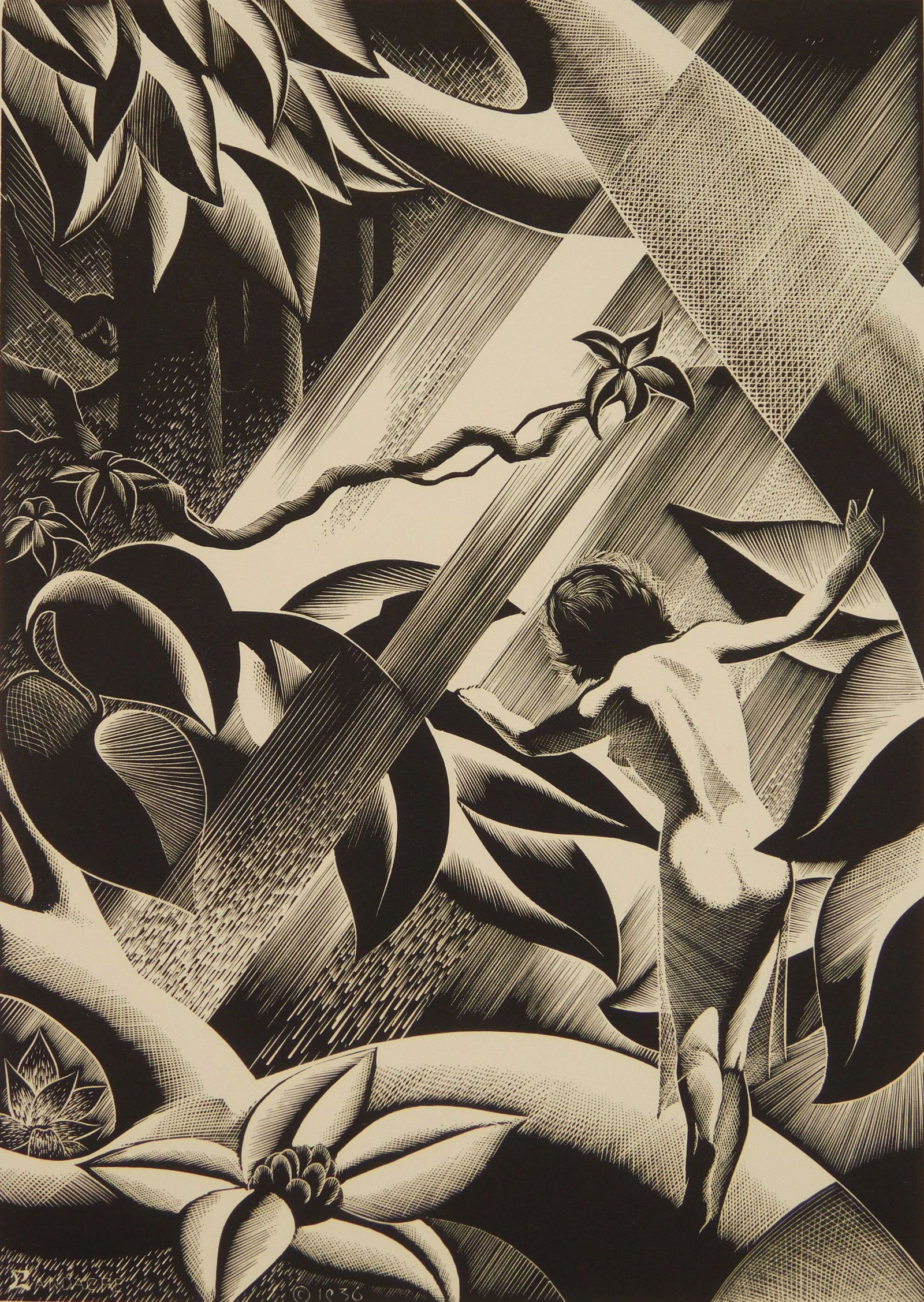 Paul Landacre wood engraving: Paul Landacre (1893-1963) "Rima''- wood engraving, 1936, published by AAG in an edition of around 200, there was a signed edition of 60 published in 1933. 8 1/2 x 6''