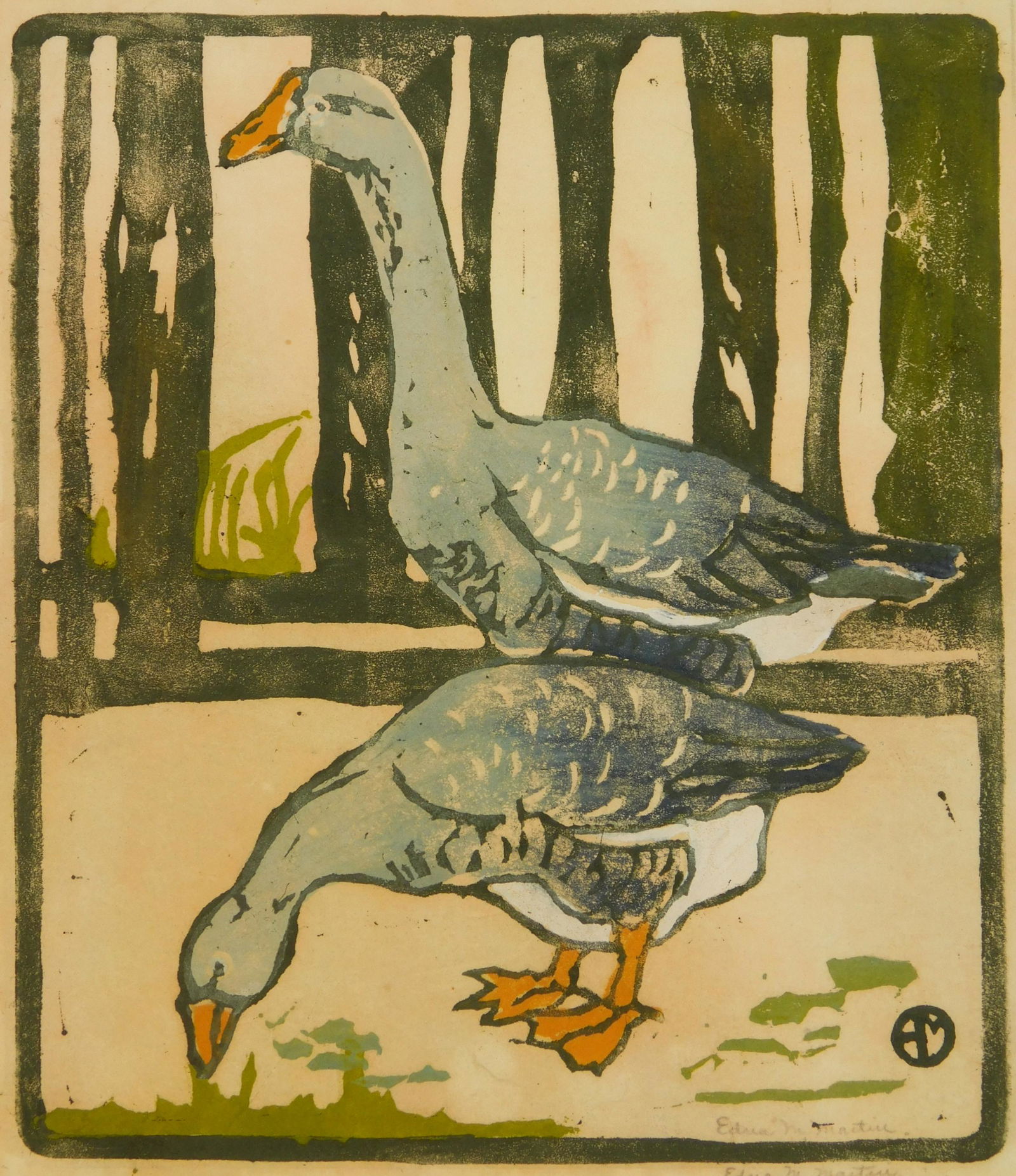 Edna Martin woodcut: Edna Martin (1896-1996) "Goose and Gander''- woodcut in color, ca. 1925, signed in pencil. 8 3/8 x 7 3/16''