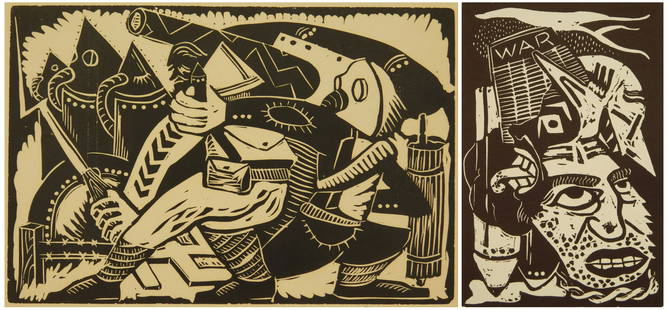 2 Leon Gordon Miller woodblocks: Leon Gordon Miller (1917- ) 1.) ''Aggression''- woodblock, ca. 1943, signed and titled in pencil. 6 x 9'' 2.) ''War Crisis''- woodblock, signed and titled in pencil. 6 x 4''