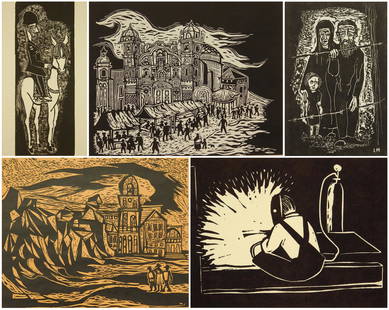 5 Leon Gordon Miller woodblocks: Leon Gordon Miller (1917- ) "Brass Hat''; ''Cuzco''; ''La Paz Bolivia''; ''Liberation Cypress'' and ''The Welder'' 5 woodblocks, all signed and titled in pencil. 8 x 10'' (largest)