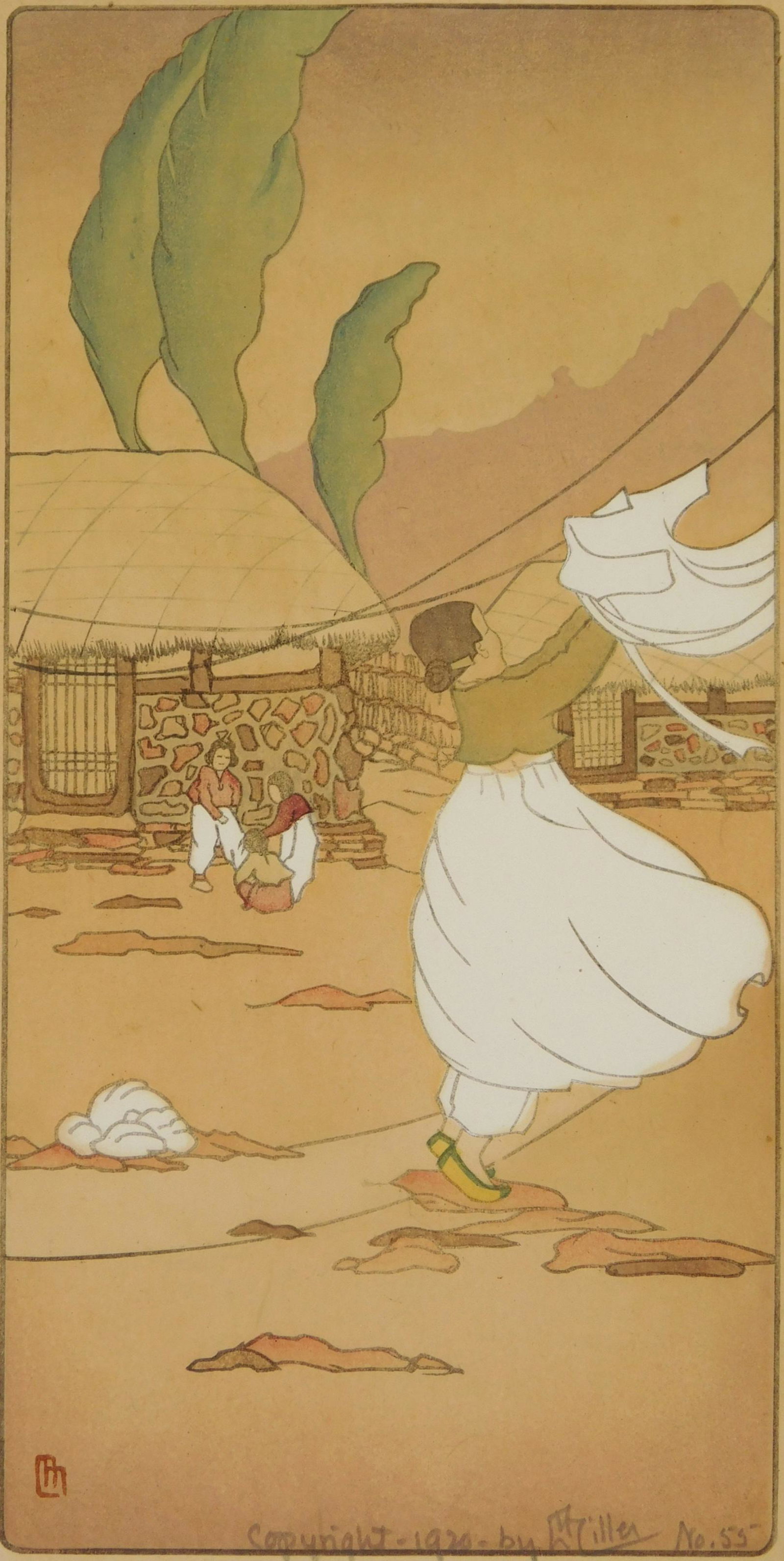 Lillian May Miller woodcut: Lillian May Miller (1895-1943) "Monday Morning in Korea''- woodcut in color, 1920, signed and numbered 55 in pencil. 9 x 4 1/2''