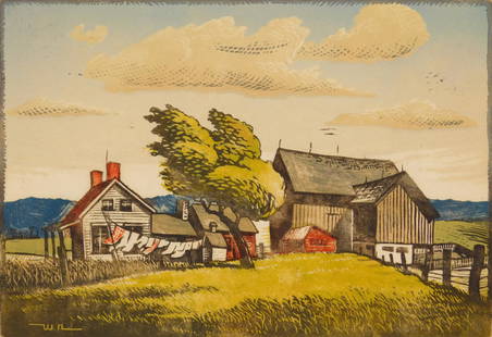 Woldemar Neufeld linocut: Woldemar Neufeld (1909-2002) "Monday on The Farm''- linocut in color, signed, titled and annotated '50 Ed.' in pencil. 7 x 10''