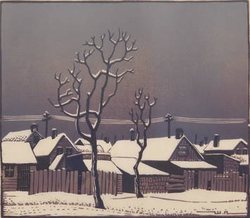 Woldemar Neufeld linocut: Woldemar Neufeld (1909-2002) "Snow on The Roofs''- linocut in color, signed and titled in pencil. 7 x 8''