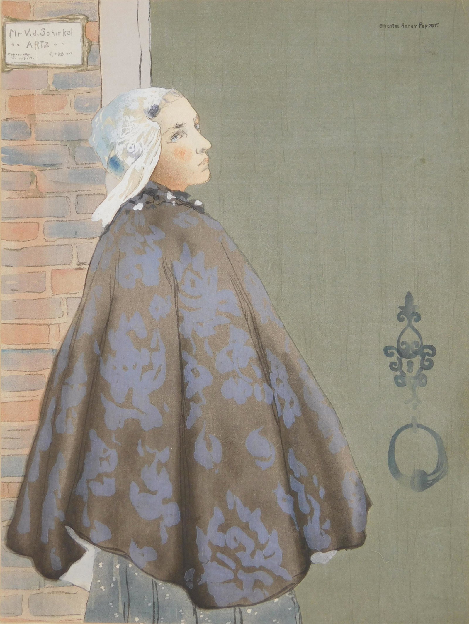 Charles H. Pepper woodcut: Charles H. Pepper (1864-1950) Dutch Woman in Cloak- woodcut in color, margins trimmed. 11 3/4 x 9''
