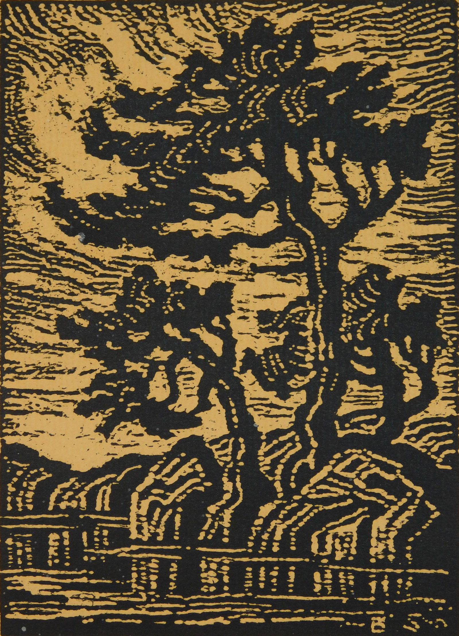 Birger Sandzen woodcut: Birger Sandzen (1871-1954) "Golden Clouds'' (Greenough 56)- woodcut, 1928, signed and titled in pencil, edition of probably 100. 5 3/8 x 3 7/8''
