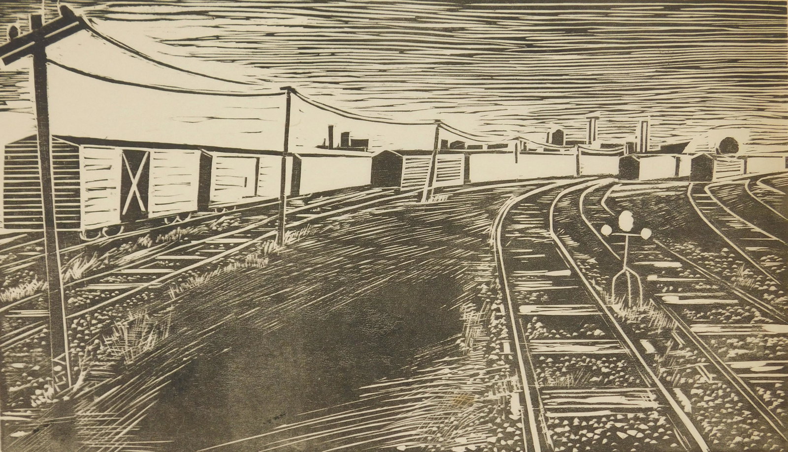 Herman Volz woodblock: Herman Volz (1904-1990) "The Railroad Yard''- woodblock, ca. 1945, signed and annotated 'AP' in pencil. 11 3/16 x 18 3/4''