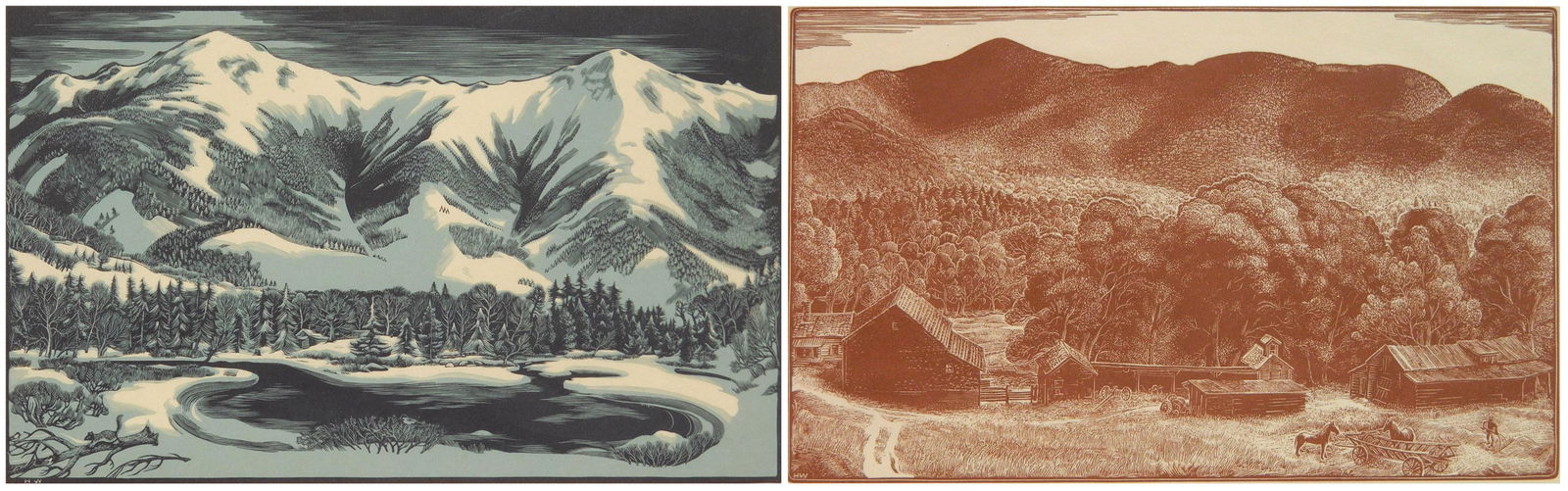 2 Herbert Waters wood engravings in colors: Herbert Waters (1903-1996) 1.) ''Summer in the Mountains''- wood engraving in colors, 1949 signed, titled and annotated 'Ed. 100' in pencil. 5 1/4 x 8 7/8'' 2.) ''White Mountains of New Hampshire''- w