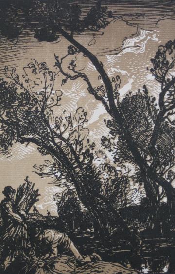 19/20th c. European School woodcut: 19/20th c. European School- The Faggot Gatherers- woodcut in colors, old masking tape hinges at top recto, foxing throughout verso and in margins recto, otherwise very good condition. 8 3/8 x 5 1/2''