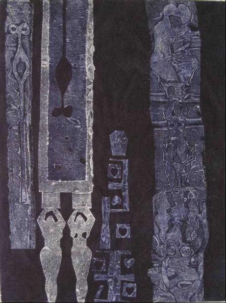 20th c. American School woodblock: 20th c. American School- ''Totems''- woodblock in colors, signed (illegibly) and titled in pencil. 20 x 15''