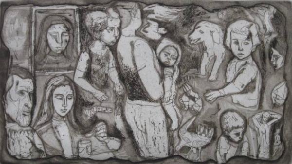 Irving Amen aquatint: Irving Amen- ''Sketch Book Fragments''- aquatint, c. 1960, signed, titled and numbered in pencil, edition of 200, slightly light struck, otherwise very good condition. 10 x 17 1/2''